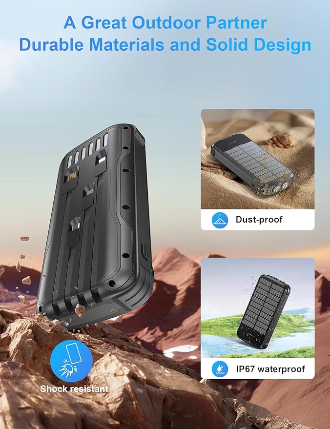 Solar Charger Power Bank, PD 20W Fast Charging External Batter, 40000mAh Portable Phone Charger Built in 4 Cables with Dual Bright Flashlights for Camping, Hiking, and Outdoor Use (Black)