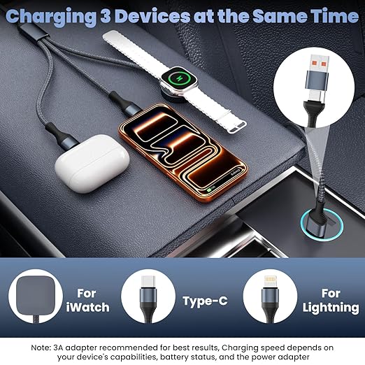 3 in 2 USB A/C Multi Charger Cable, Charging Cable for iWatch Charger/iPhone 17 Charger/IP, Braided Multiple Charger Cord Compatible with iPhone 17-11/iWatch Series 11-1/ultra/se/Car/Home 5FT