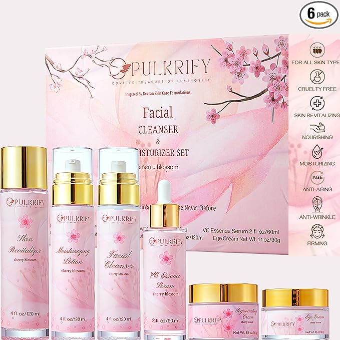 Luxurious Korean Style Cherry Blossom Facial Cleanser & Moisturizer Set Facial Cleanser, Moisturizer, Revitalizer, Serum, Rejuvenator, Eye Cream, Daily Skincare Routine, Retinol-Free, All-skin types