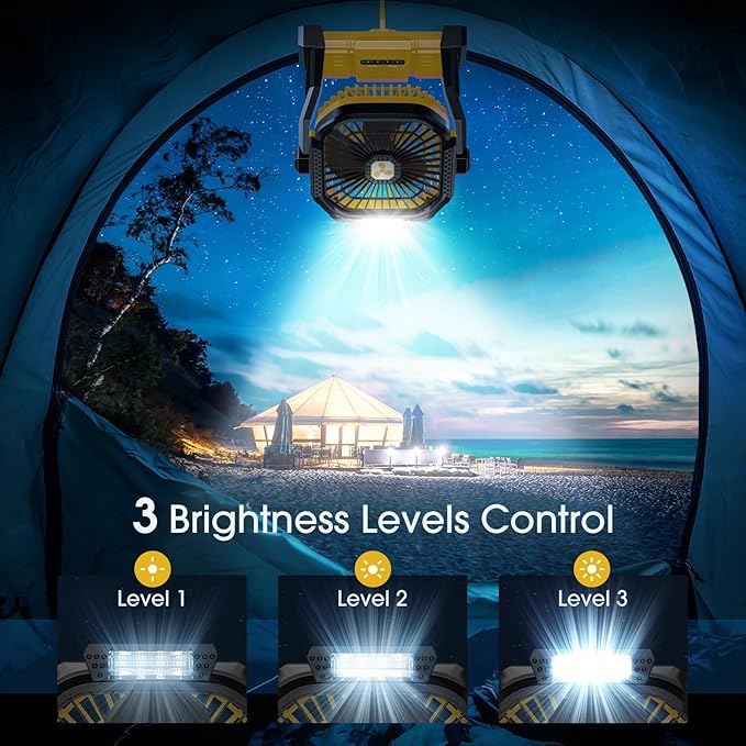 ONLYNEW Portable Fan Rechargeable, 20000mAh Cordless Battery Powered Fan with LED Lantern, USB C Battery Operated for Travel Bedroom Home Camping Tent Office Beach Desk Fishing Table (Yellow)