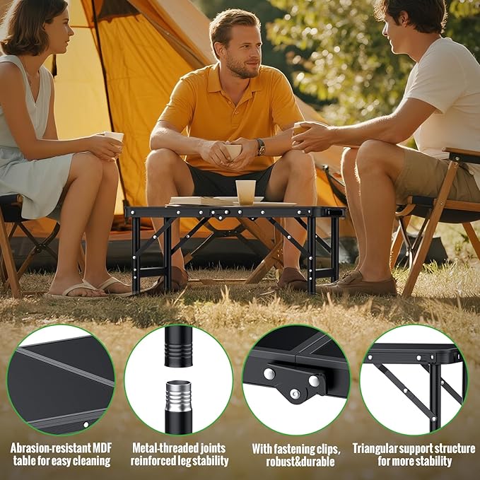 GARLLEN 2ft Folding Camping Table, 3 Adjustable Height Lightweight Picnic Table, Portable Aluminum Grill Table for Outdoor, Camping, Grill, Threaded Install, 23.6" L x 15.7" W, Black