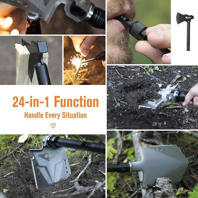 Sahara Sailor Survival Axe, Camping Folding Shovel with Hatchet with Large Shovel Head and 1.6-3.1 Ft Extented Handles, High Carbon Steel Survival Gear Equipment, Storage Bag Included