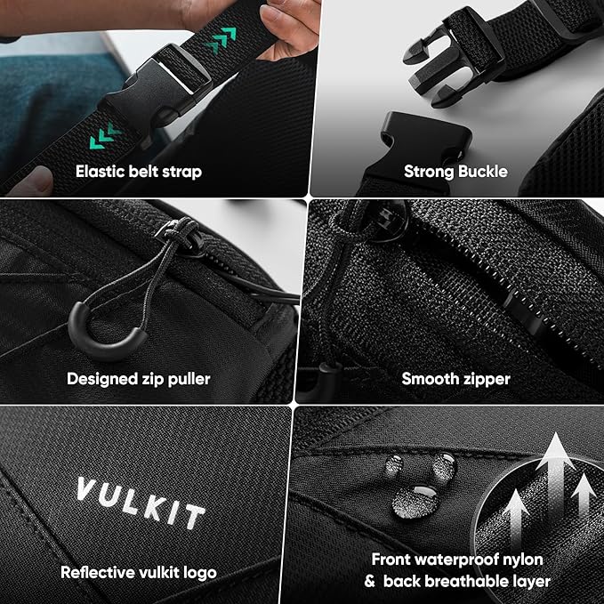 VULKIT Casual Lightweight Fanny Pack for Women & Men, Outdoor Belt Bag to Free Your Hands, Nylon Waterproof Waist Bag with Adjustable Elastic Band, Small Slim Fit Fashion Waist Pack, Black