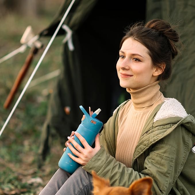 IDEUS Insulated Stainless Steel Water Bottle with 2 Leak-Proof Lids, Thermal Water Flask for Hiking Biking, 18oz, Blue Atoll