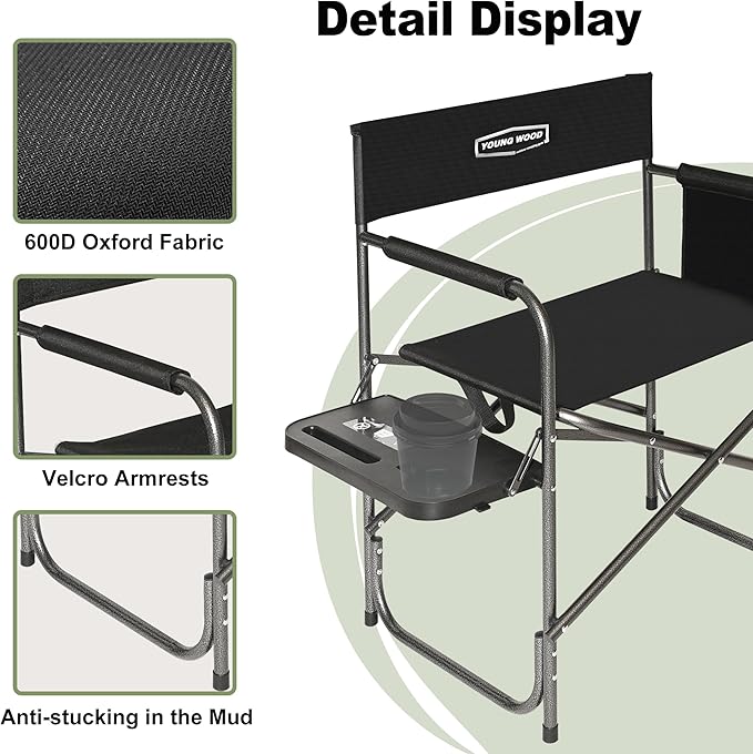 YOUNG WOOD Camping Directors Chair, Lightweight Oversized Portable Folding Chair with Side Table and Storage Pockets for Outdoor Camping, Lawn, Picnic and Fishing, Supports 400lbs (Black)