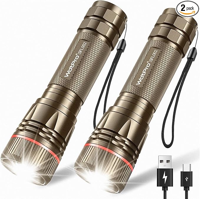 WdtPro Rechargeable Flashlights High Lumens, 2 Pack 10H Long Lasting Super Bright EDC Flashlight, LED Mini Tactical Flash Lights for Camping Emergency, Drop & Water Resistant Brown(Battery Included)