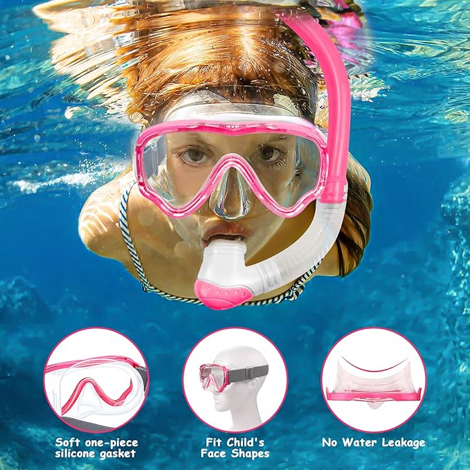 Vvinca Snorkeling Gear for Kids Dry Top Kids Snorkel Set for Boys Girls Junior Youth Children Age 4-14 Swim Goggles with Nose Cover Anti-Fog Panoramic View Adjustable Elastic Diving Mask and Snorkel