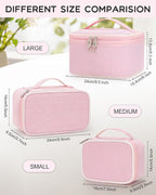 Relavel Travel Makeup Bag, Small Pink Cosmetic Bag with 2 Makeup Brush Holders, Portable Makeup Pouch for Women, Cute Toiletry Bag with Double Layer Organizer, Strip