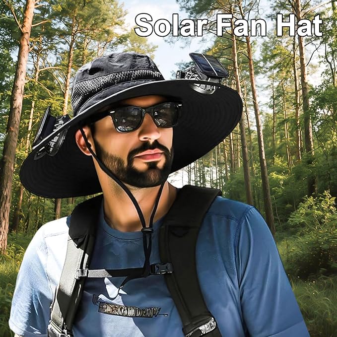 Outdoor Wide Brim Sun Hat with 2 Solar Fan for Men Women UPF50+ Outdoor Hiking Sun Protection Bucket Fishing&Cycling Hat
