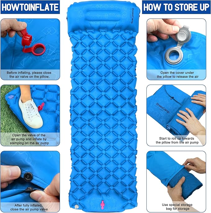Camping Sleeping Pad, Ultralight Inflatable Mattress with Pillow Built-in Foot Pump for Outdoor Hiking Travel Tent Backpacking Trip Car, Compact Lightweight Camping Mat, Blue