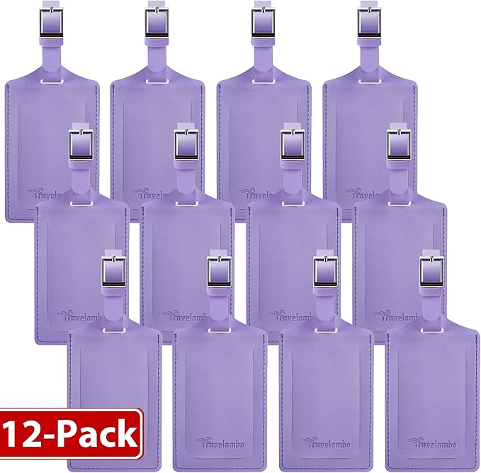 Travelambo 12 Pack Luggage Tags for Suitcases Privacy Protection Bag Tags Faux Leather Travel Accessories Essential, Classic Purple