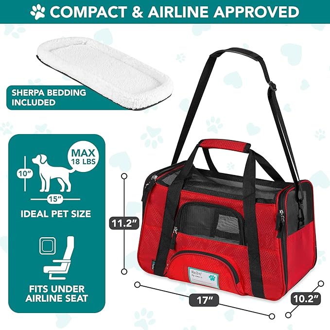 PetAmi Airline Approved Pet Carrier for Cats & Small Dogs, Soft Sided TSA Travel Carrier Bag with Sherpa Bed, Breathable Mesh Ventilation, Collapsible Bowl, Fits Under Seat, Up to 18 lbs, Small Red