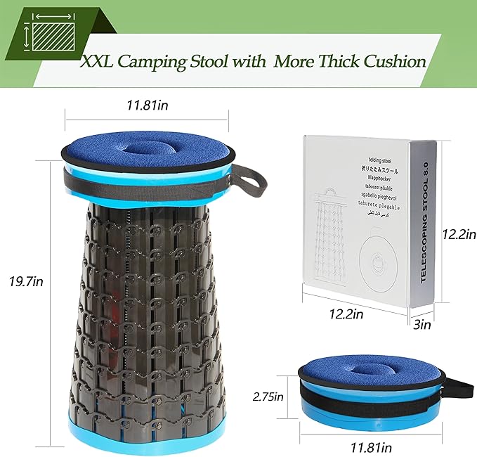 ALEVMOOM 2025 Upgraded XXL Collapsible Stool with Cushion 19.7",1000lbs Max Weight,Wider & Taller Pop Up Seat, Heavy Duty Portable Retractable Folding Chair or Travel Foot Rest for Camping & Outdoors
