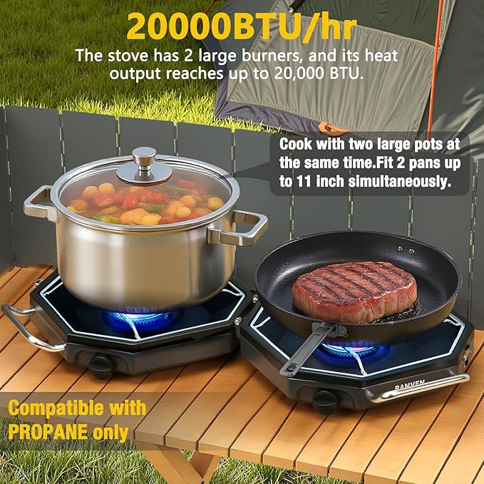 Camping Stove Propane, 2 Burner Camp Stove, 20,000 BTU Propane Camping Stoves, Portable Gas Stove with Windscreen, Storage Bag, Regulator for Picnic, BBQ, Tailgating
