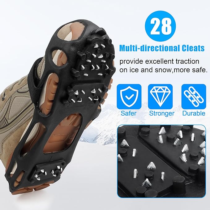 Ice Cleats Snow Traction Cleats Crampons for Shoes and Boots Men Women 28 Studs Anti Slip Shoe Grippers Overshoe Slip-on Stretch Footwear Spikes for Snow and Ice Fishing Winter Walking Hiking