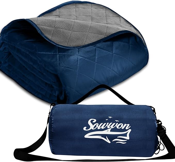 Waterproof Outdoor Blanket 92”X 60” Packable, Stadium Blankets for Camping with Quilted Fleece Lining, Large Windproof Emergency Throw Mat for Garss Picnic Hiking Road Trip, Machine Washable, Navy