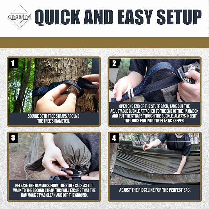 Onewind 12Ft Camping Hammock with Mosquito Net and Structure Ridgeline, Lightweight Portable Double Hammock with 12ft Tree Straps and Bugnet, Ideal for Wild Camping, Hiking, Backpacking, OD Green