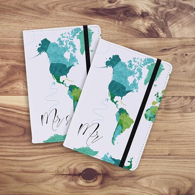 Passport Book Holder,Passport Wallet for Men Mr and Mrs Passport Holder Cover for Women World Map Case for Couples Christmas Traveling Book Protector 2PCS