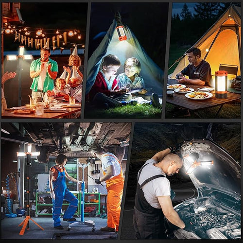12000mAh Camping Light with Stand, Rechargeable Work Light, 10000 Lumen Dimmable Cordless Work Light with 3 LED Lamp Heads, Magnetic Emergency Flashlight with 79" Detachable Tripod