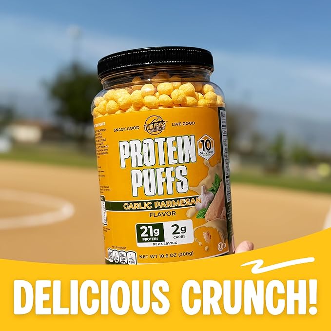 Twin Peaks Protein Puffs - (Garlic Parmesan), Keto Friendly, Low Carb Snack (300g, 21g Protein, 2g Net Carbs, High Protein, Healthy Crunchy Snack)