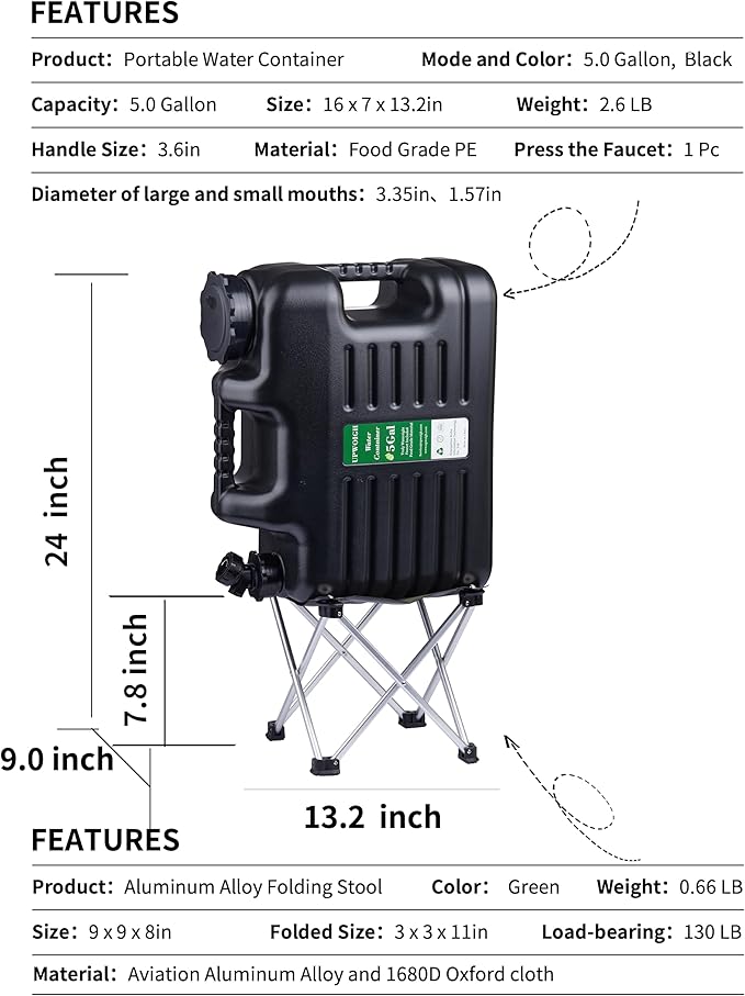 UPWOIGH 5 Gallon Water Jug with Spigot and Folding Stool – Leak-Proof, BPA-Free Portable Black Water Container with Stand, Large Outdoor Storage Tank for Camping, Hiking, RV, Travel, and Emergency Use