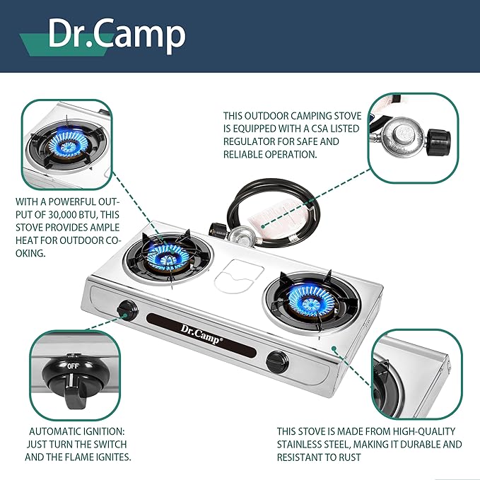 30000 BTU 2 burner outdoor garden camping camp hiking propane stove cooker grill with CSA listed regulator and gas hose, gray color