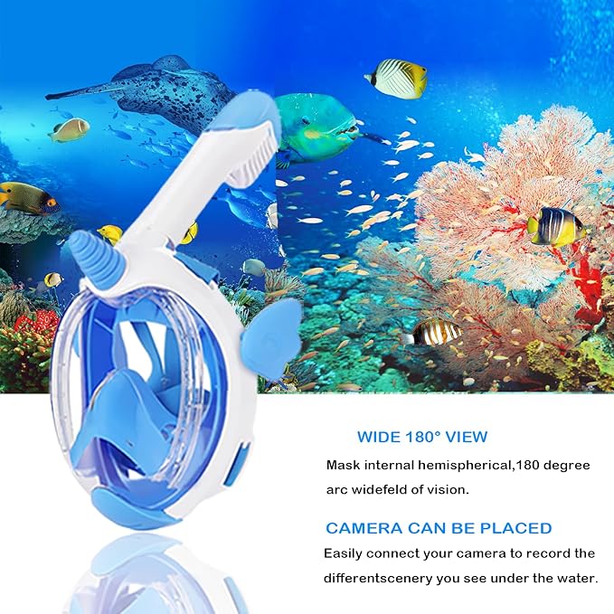 Kids Snorkel Mask, Full Face Snorkel Mask for Kids 4-16, 180 HD View Anti-Fog Anti-Leak Snorkel Mask for Kids Snorkel Set Snorkeling Gear for Kids