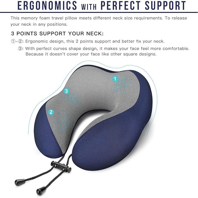 MLVOC Neck Pillow for Traveling, Upgraded 100% Pure Memory Foam Travel Neck Pillow for Airplane Flight Sleep, Breathable & Machine Washable Cover, Travel Kit with 3D Eye Mask, Earplugs & Bag, Blue