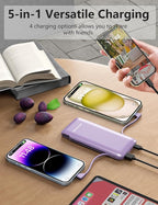 2-Pack 10000mAh Phone Portable Charger Power Bank, Built in Cable and AC Wall Plug, Fast Slim USB C Charging Battery Pack Travel Essentials Compatible with iPhone, Android, White & Purple