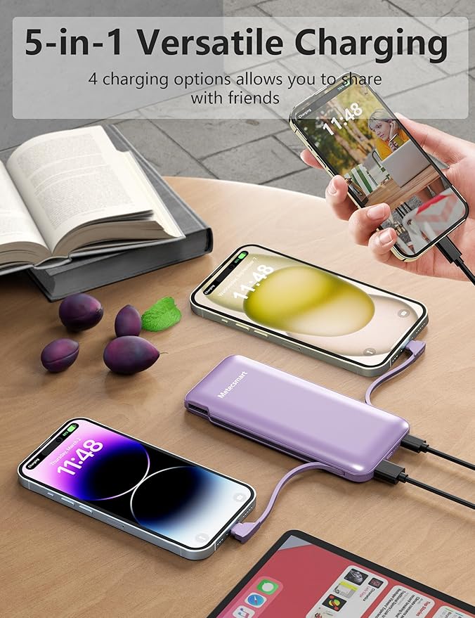 2-Pack 10000mAh Phone Portable Charger Power Bank, Built in Cable and AC Wall Plug, Fast Slim USB C Charging Battery Pack Travel Essentials Compatible with iPhone, Android, White & Purple