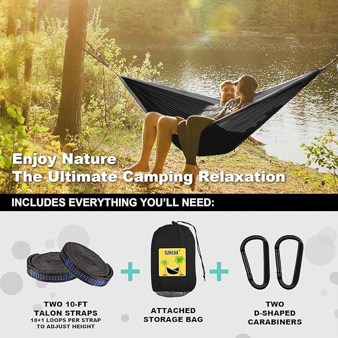 SZHLUX Camping Hammock Double & Single Portable Hammocks with 2 Tree Straps, Great for Hiking,Backpacking,Hunting,Outdoor,Beach,Camping,Black / Grey
