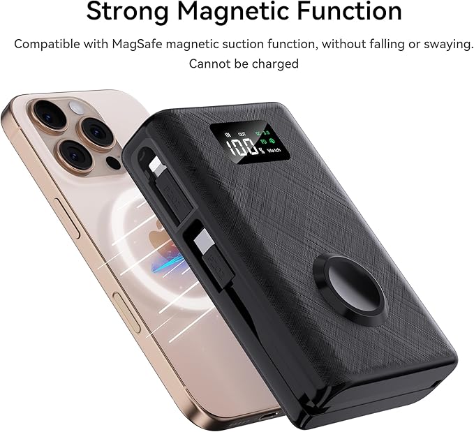 pzoz 20000mAh Portable Power Bank Powerbank Battery Pack with Apple Watch Magnetic Wireless Charger,USB Type C PD Fast Charging Cable Travel High Capacity Compatible iWatch iPhone 17 16 15 (Black)