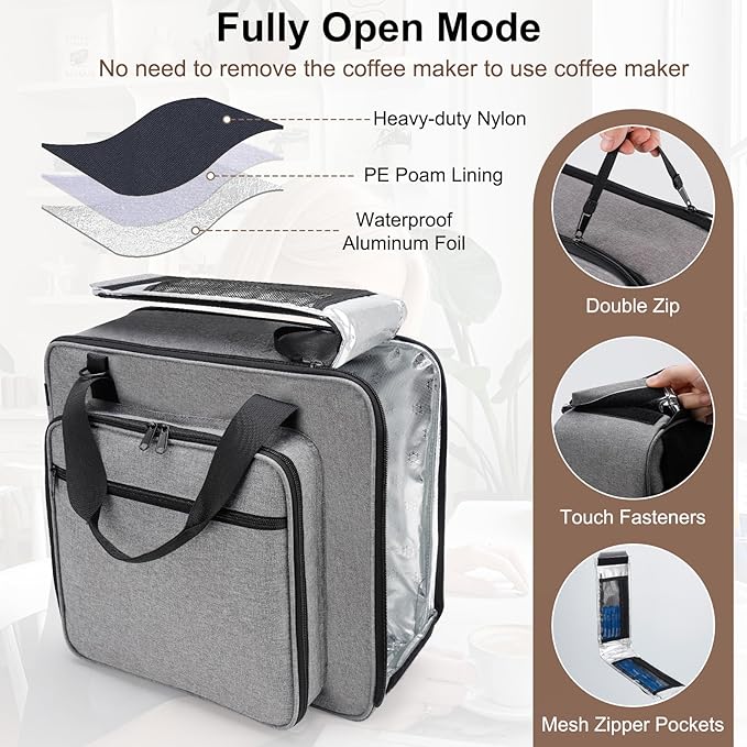 Anitor Portable Carrying Coffee Maker Travel Bag Match for Keurig K-Slim/K-Iced Plus, Single Serve Coffee Machine Travel Bag with Padded Shoulder Straps Includes Multiple Storage Bags, Grey