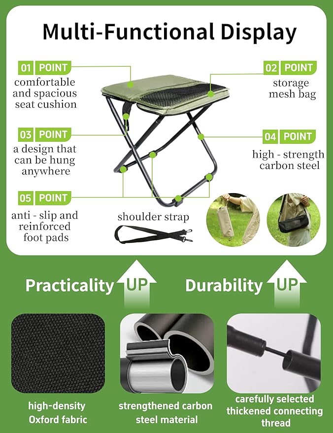 COMELY Camping Stool Portable Chair: All-Terrain Folding Carrying Pocket Stool, 4 Anti-Sink Feet, 270Lbs Capacity & 3s Setup. 5000 Cycle Tested for Rugged Sites, Camping, Fishing, Travel, Black.