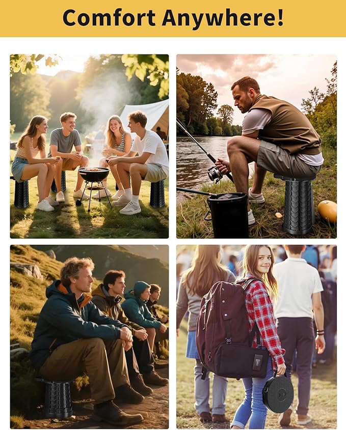 Upgraded Collapsible Stool with Detachable Cushion & Waterproof Bag - 400lbs Heavy Duty Portable Folding Stool for Adults, Telescoping Camping Seat with Carrying Straps for Fishing Hiking Travel BBQ