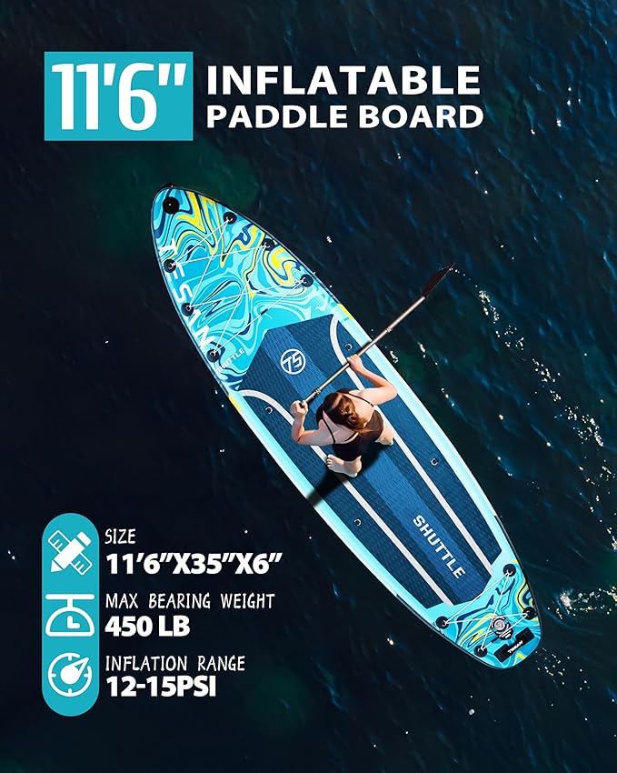 11'6x35'' Extra Wide Inflatable Paddle Board,All-Round Ultra Stable Stand Up Paddleboards with Plus Kits for 450lb/3 People/Family,Dual Bungees, Camera Mount, 100L Backpack, Dual-Action Pump