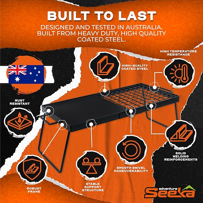24" Heavy Duty Folding Campfire Grill, Food-Safe Cooking Surface, Compact Folding Design, Portable Grill Grate & Griddle for Campfire Cooking, Australian Designed & Owned