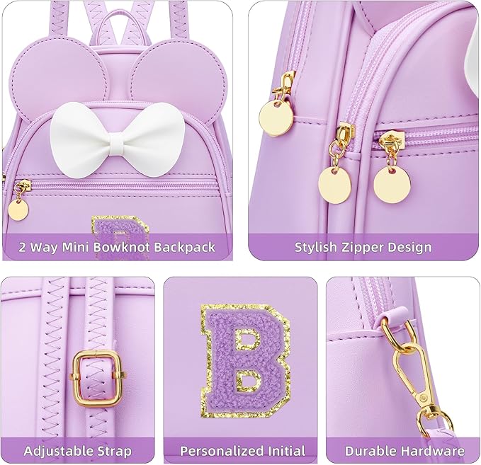 KKXIU Girls Initial Bowknot Cute Mini Backpack for Toddler, Travel Small Girl Backpacks, Personalized Birthday Gifts for Little Girls and Kids(B, Purple)