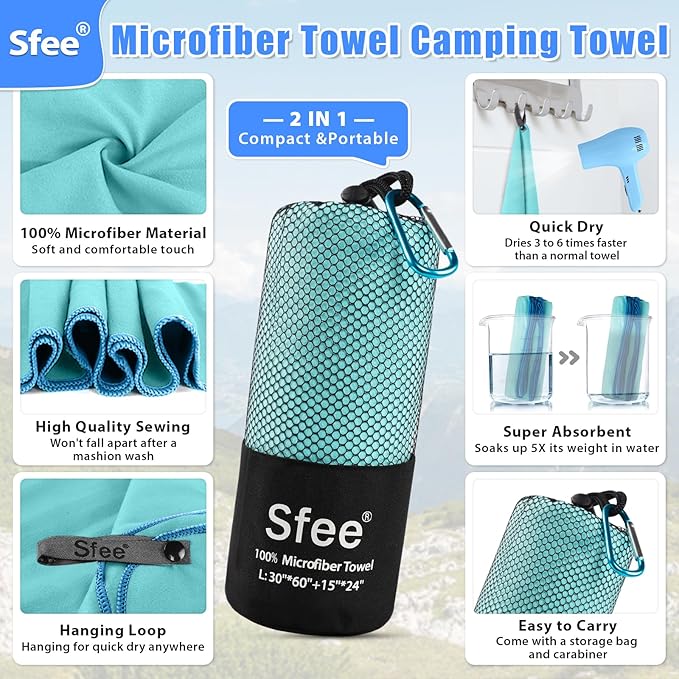 Sfee 2 Pack Microfiber Travel Towel, Quick Dry Towel Camping Towel Large Beach Towel Super Absorbent Compact Lightweight Sport Gym Towels for Beach, Gym, Hiking, Pool, Backpacking, Bath, Yoga