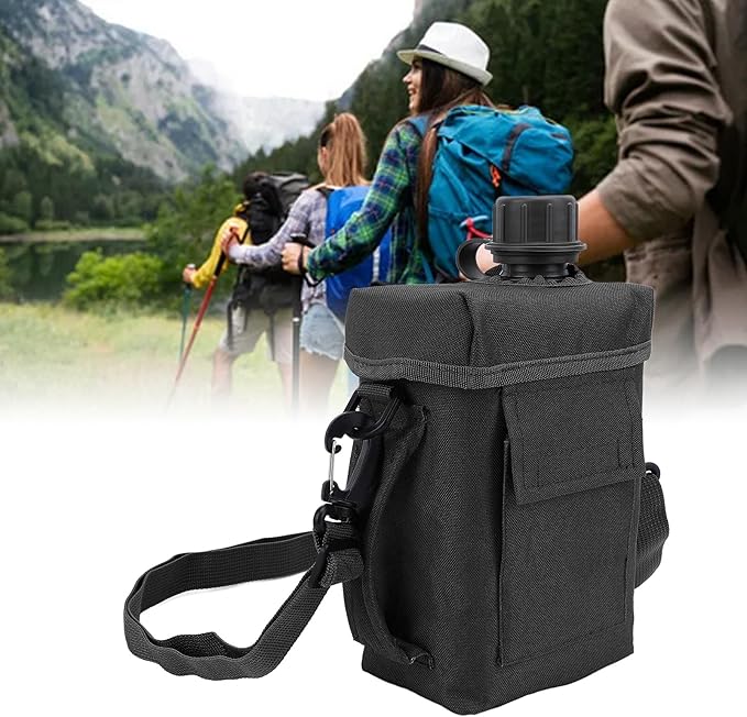 Outdoor - 2L Portable Water Canteen with Waist Bag, Multi Fuctional PVC Flat Camping for Surplus or Bushcraft Gear (Black)