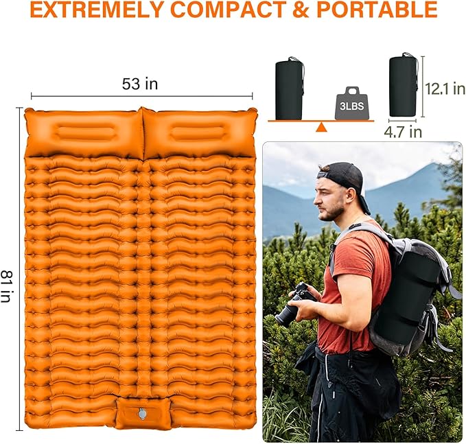 Double Camping Sleeping Pad, Self-Inflating 4" Ultra-Thick Foot-Press Design – Lightweight 2-Person Outdoor Mat with Pillow for Camping, Hiking, Backpacking, Travel – Orange