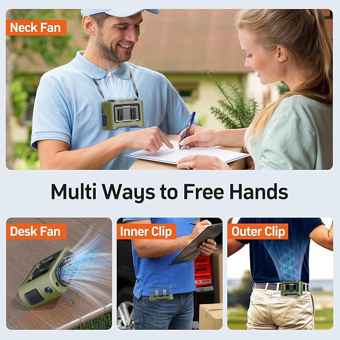 KITWLEMEN 14500mAh Portable Waist Fan - Personal Clip on Belt Fan, Dual Air Outlet, 5 Speed 35H Cooling, Rechargeable Battery Operated, Wearable with Lanyard & Light for Camping, Travel, Jobsite