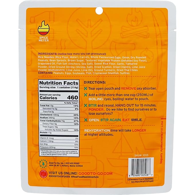 GOOD TO-GO Pad Thai (Single Serving) | Camping & Backpacking Food | Just Add Water Backpacking Meals | Good To-Go Dehydrated Meals Taste Better Than Freeze Dried Food