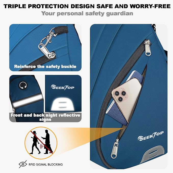 Seektop Crossbody Bag Anti-Theft RFID Blocking Waterproof 400D Nylon Lightweight Small Sling Backpack Shoulder Bags Chest Pack Cross Body Bag for Travel Hiking Outdoor Men Women Blue