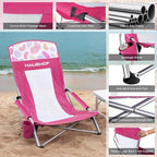 HAUSHOF 2-Pack High Back Beach Chairs, Mesh Back Folding Chair, Lightweight Low Seat Camping Chairs with Cup Holder, Carry Bag, Padded Armrest for Outdoor Beach Lawn Camping Picnic Festival