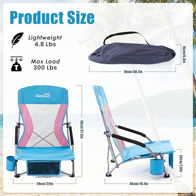 Lamberia Folding Beach Chair for Adults, Portable Low Beach Chairs with 300lbs Capacity, Lightweight Fodable Camping Chair for Travel, Picnic, Concert & Outdoor Activities, Blue-Pink