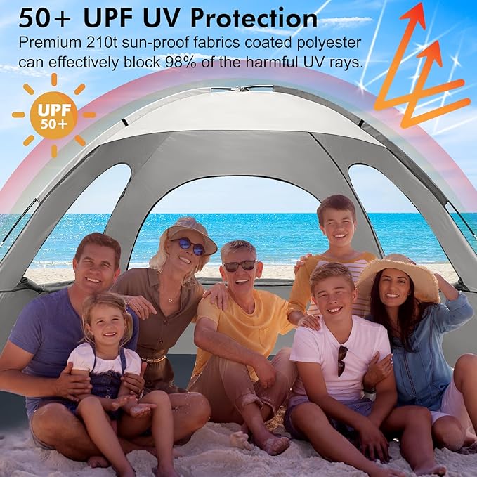 WhiteFang Beach Tent Anti-UV Portable Sun Shade Shelter for 3/4/6/8 Person, Extendable Floor with 3 Ventilating Mesh Windows Plus Carrying Bag, Stakes and Guy Lines