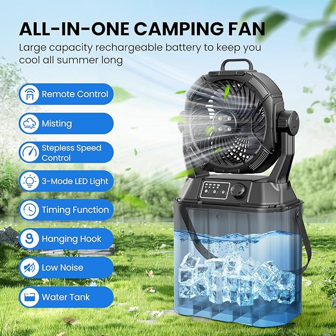 Misting Fan Portable 42800mAh Rechargeable with Remote Control, Camping Fan with LED Light & Stepless Speed Control & Cooling Spray with 6L Bucket, Timer Function, Portable Handle, Rotate Hang Hook