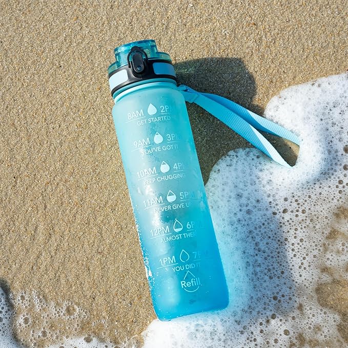 OLDLEY Water Bottle, 32oz Motivational Sports Water Bottle with Time Marker - Times to Drink - Tritan, BPA Free, Wide Mouth Leakproof, Luca (1 Bottle)