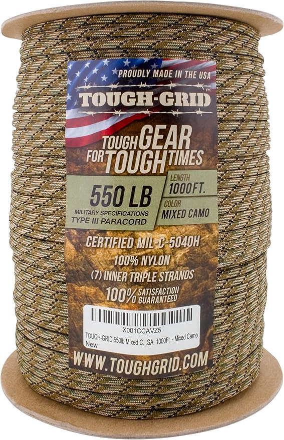 TOUGH-GRID 550 Paracord Rope Nylon Parachute Cord, Made in USA Survival Kit, Outdoor Adventures, Camping, Tactical Gear & Emergency Supplies, Military Type III Mil-Spec